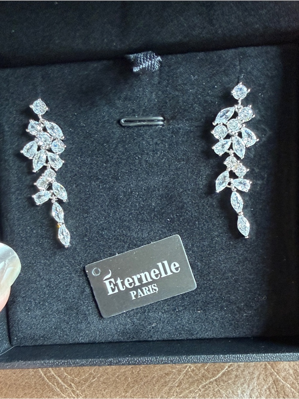 Silver Leaf Crystal Drop Earrings - Clear Silver